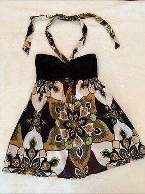 bebe Black and Olive Silk Halter Top NWOT